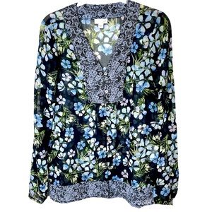 J. Jill Blue Mixed Floral Print Button Down Tunic‎ Top XS